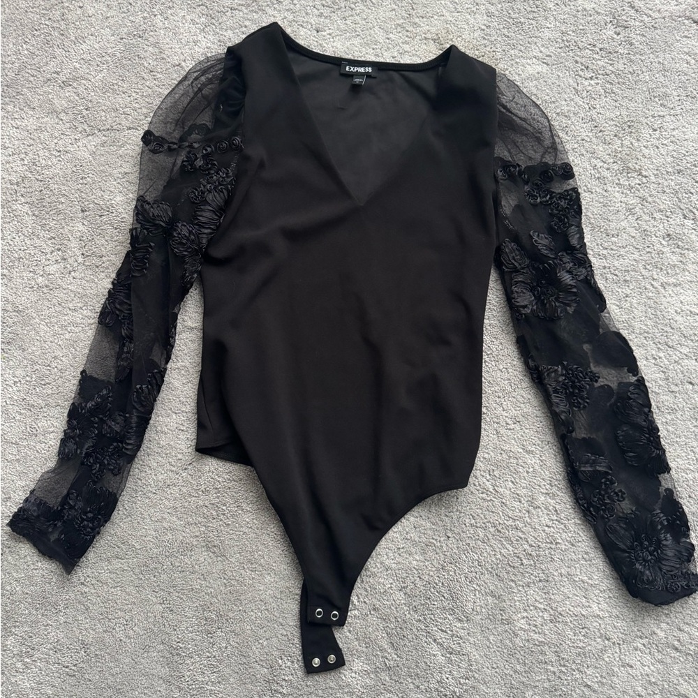 Express Sheer Lace Sleeve Black Bodysuit